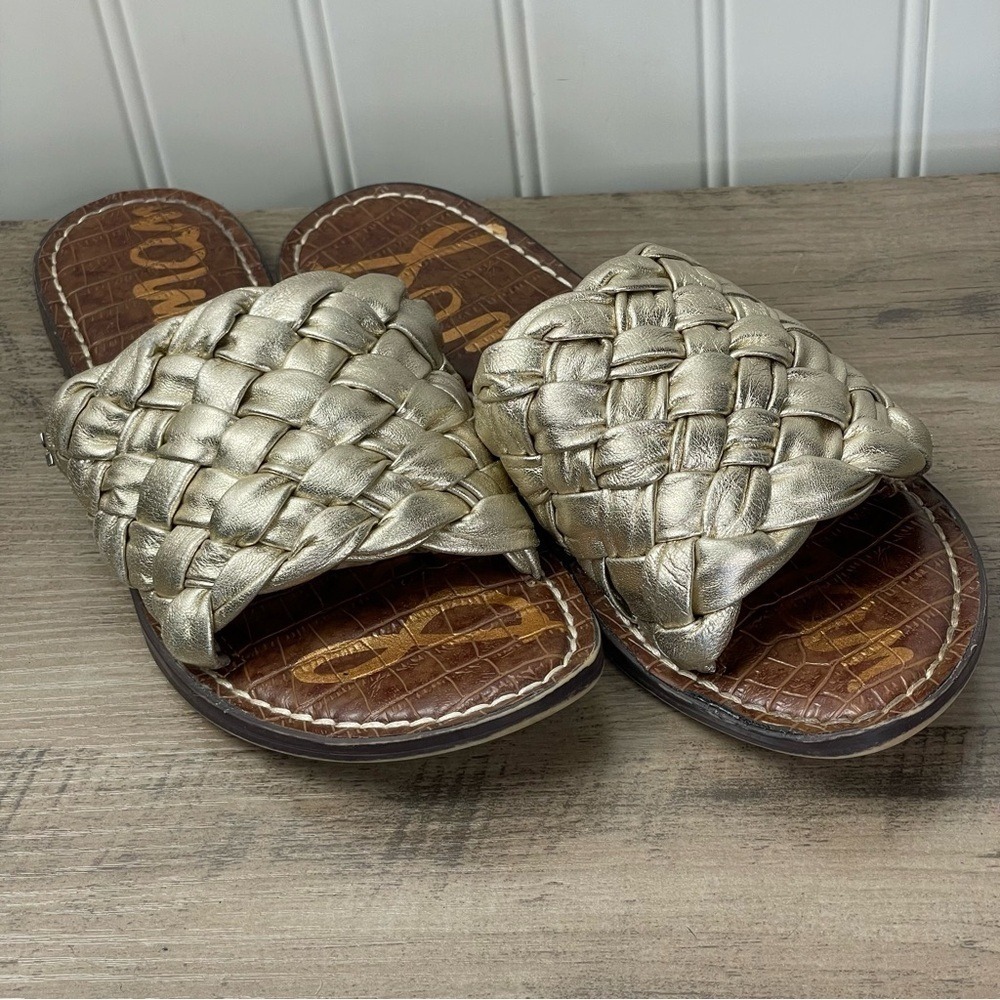 Sam Edelman Slide Sandals Woven Braided 7.5‎ Gold Metallic Croc Embossed Flat